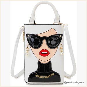 Novelty Lady Face PU Leather Satchel Handbag with Chain Strap